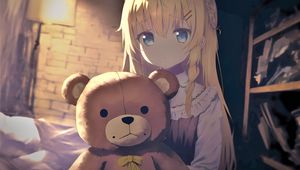 Preview wallpaper girl, teddy bear, sadness, anime