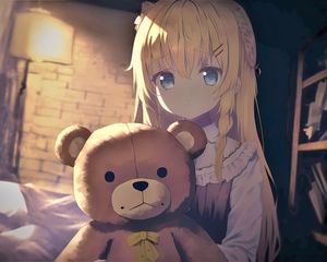 Preview wallpaper girl, teddy bear, sadness, anime