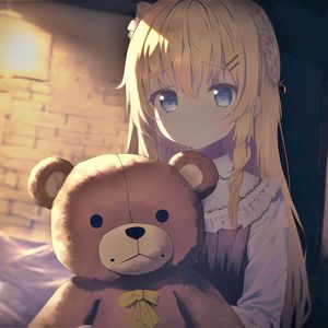 Preview wallpaper girl, teddy bear, sadness, anime