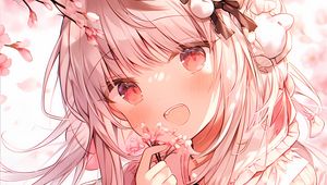 Preview wallpaper girl, teeth, flowers, ribbon, kimono, anime, pink