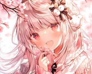 Preview wallpaper girl, teeth, flowers, ribbon, kimono, anime, pink