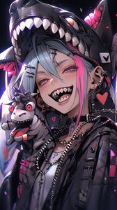 Preview wallpaper girl, teeth, shark, piercing, anime, art