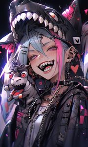 Preview wallpaper girl, teeth, shark, piercing, anime, art