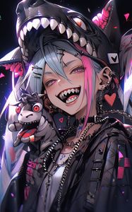 Preview wallpaper girl, teeth, shark, piercing, anime, art