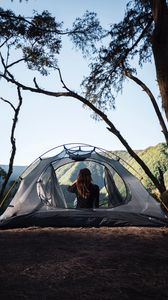 Preview wallpaper girl, tent, camping, trees, nature