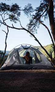 Preview wallpaper girl, tent, camping, trees, nature