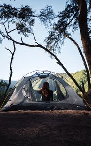 Preview wallpaper girl, tent, camping, trees, nature