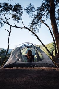 Preview wallpaper girl, tent, camping, trees, nature