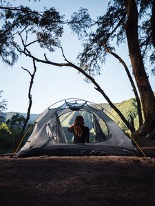 Preview wallpaper girl, tent, camping, trees, nature