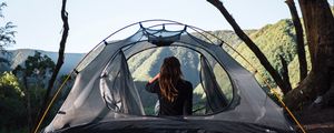 Preview wallpaper girl, tent, camping, trees, nature