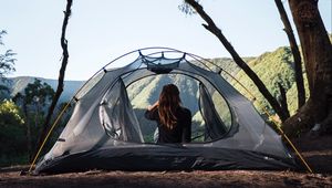 Preview wallpaper girl, tent, camping, trees, nature