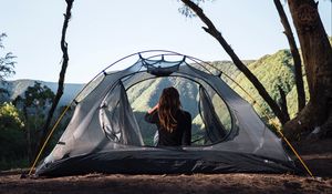 Preview wallpaper girl, tent, camping, trees, nature