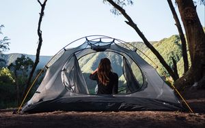 Preview wallpaper girl, tent, camping, trees, nature