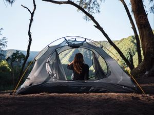 Preview wallpaper girl, tent, camping, trees, nature