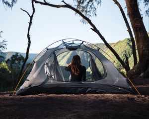 Preview wallpaper girl, tent, camping, trees, nature