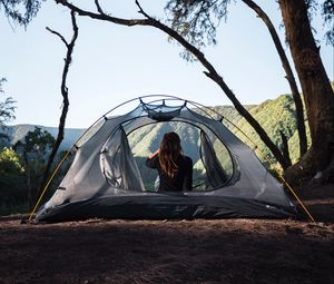 Preview wallpaper girl, tent, camping, trees, nature