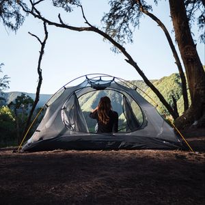 Preview wallpaper girl, tent, camping, trees, nature