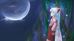 Preview wallpaper girl, thoughtful, kimono, moon, coast