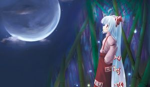 Preview wallpaper girl, thoughtful, kimono, moon, coast