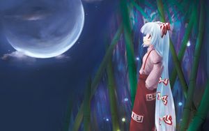 Preview wallpaper girl, thoughtful, kimono, moon, coast