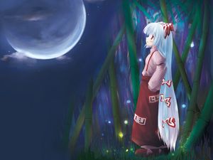 Preview wallpaper girl, thoughtful, kimono, moon, coast