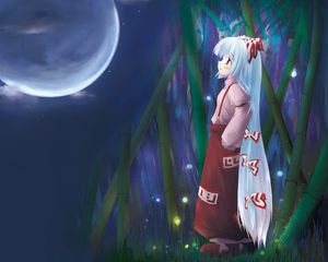 Preview wallpaper girl, thoughtful, kimono, moon, coast
