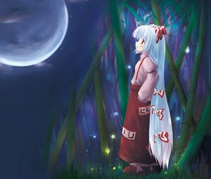 Preview wallpaper girl, thoughtful, kimono, moon, coast