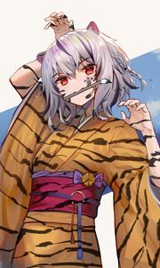 Preview wallpaper girl, tiger, stripes, brush, artist, anime