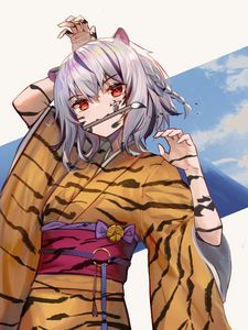 Preview wallpaper girl, tiger, stripes, brush, artist, anime