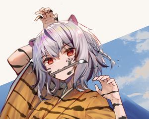 Preview wallpaper girl, tiger, stripes, brush, artist, anime