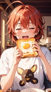 Preview wallpaper girl, toast, scrambled egg, breakfast, morning, anime