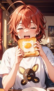 Preview wallpaper girl, toast, scrambled egg, breakfast, morning, anime