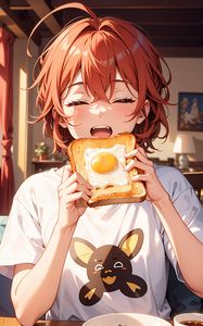 Preview wallpaper girl, toast, scrambled egg, breakfast, morning, anime