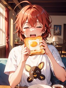 Preview wallpaper girl, toast, scrambled egg, breakfast, morning, anime