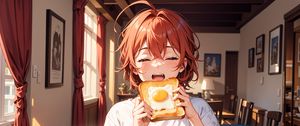 Preview wallpaper girl, toast, scrambled egg, breakfast, morning, anime