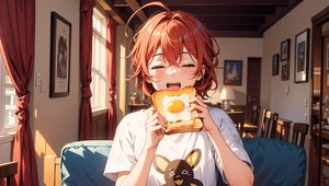 Preview wallpaper girl, toast, scrambled egg, breakfast, morning, anime