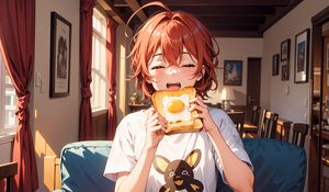 Preview wallpaper girl, toast, scrambled egg, breakfast, morning, anime