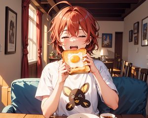 Preview wallpaper girl, toast, scrambled egg, breakfast, morning, anime