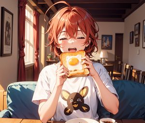 Preview wallpaper girl, toast, scrambled egg, breakfast, morning, anime