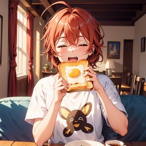 Preview wallpaper girl, toast, scrambled egg, breakfast, morning, anime