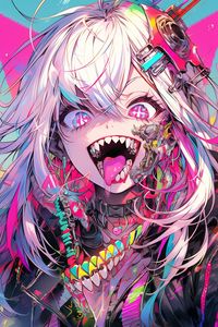 Preview wallpaper girl, tongue, fangs, choker, anime