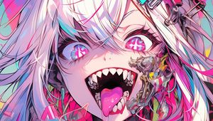 Preview wallpaper girl, tongue, fangs, choker, anime