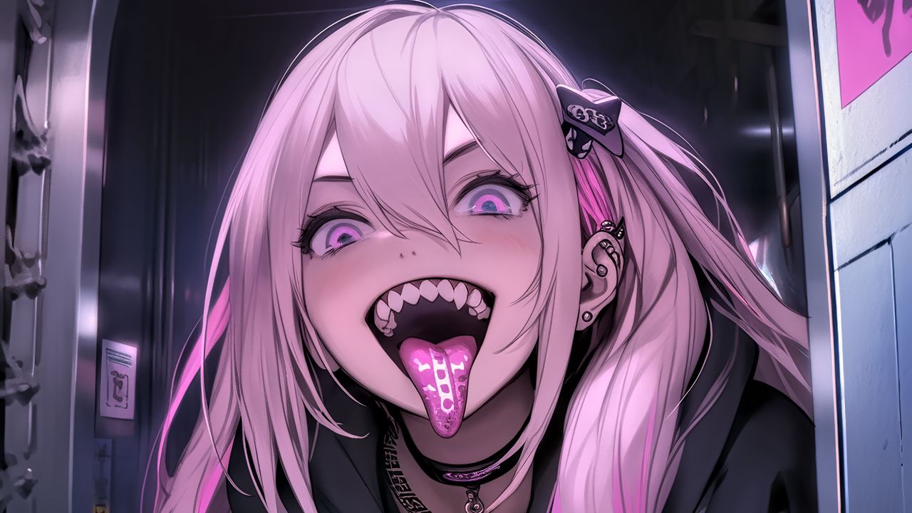 Wallpaper girl, tongue out, piercing, art, anime