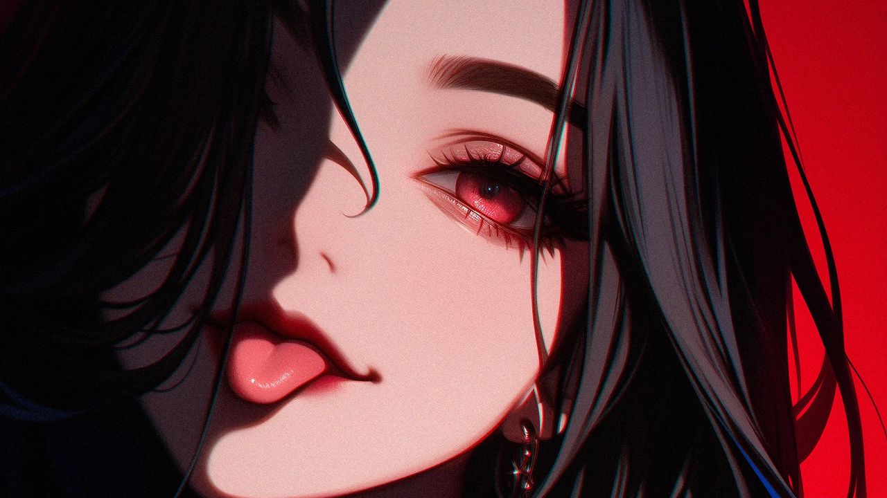 Wallpaper girl, tongue out, piercing, anime, art