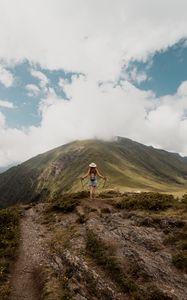 Preview wallpaper girl, tourist, traveler, mountains, clouds