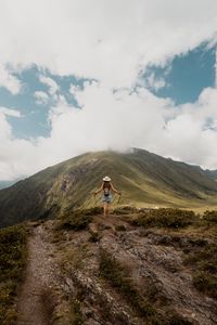 Preview wallpaper girl, tourist, traveler, mountains, clouds