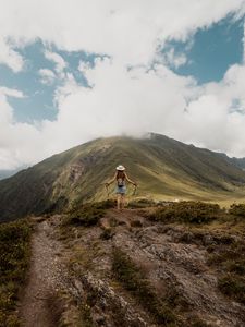 Preview wallpaper girl, tourist, traveler, mountains, clouds