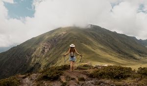 Preview wallpaper girl, tourist, traveler, mountains, clouds