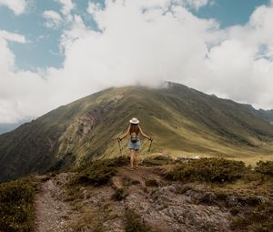 Preview wallpaper girl, tourist, traveler, mountains, clouds