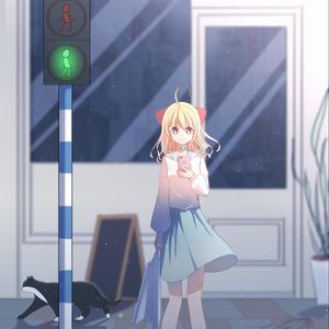 Preview wallpaper girl, traffic light, anime
